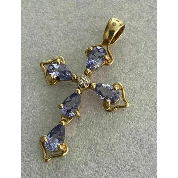 Pear Cut Simulated Purple Amethyst Cross Pendant 14K Yellow Gold Plated Silver