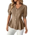thumbnail image 3 of Women Business Casual Tops 2026 Summer Dressy Blouses Short Sleeve Peplum Work Shirts V Neck Office Outfit by Yigetop Khaki XL, 3 of 8