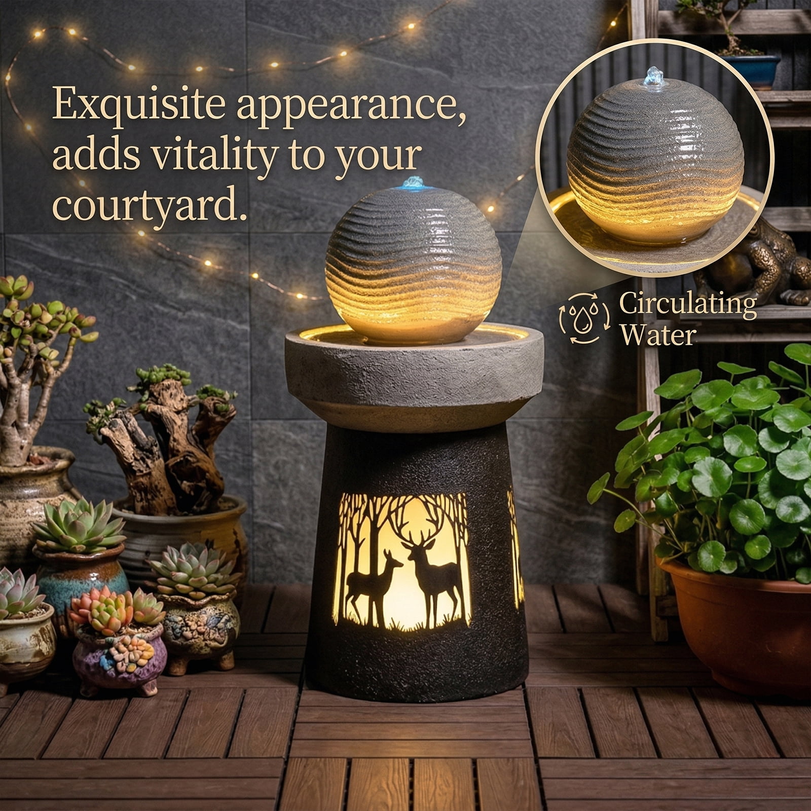 Mintazer 32.1" Modern Spherical Water Fountain with LED Lights, Outdoor Garden Fountain with Leaf Silhouette Base for Patio Yard Porch Landscape