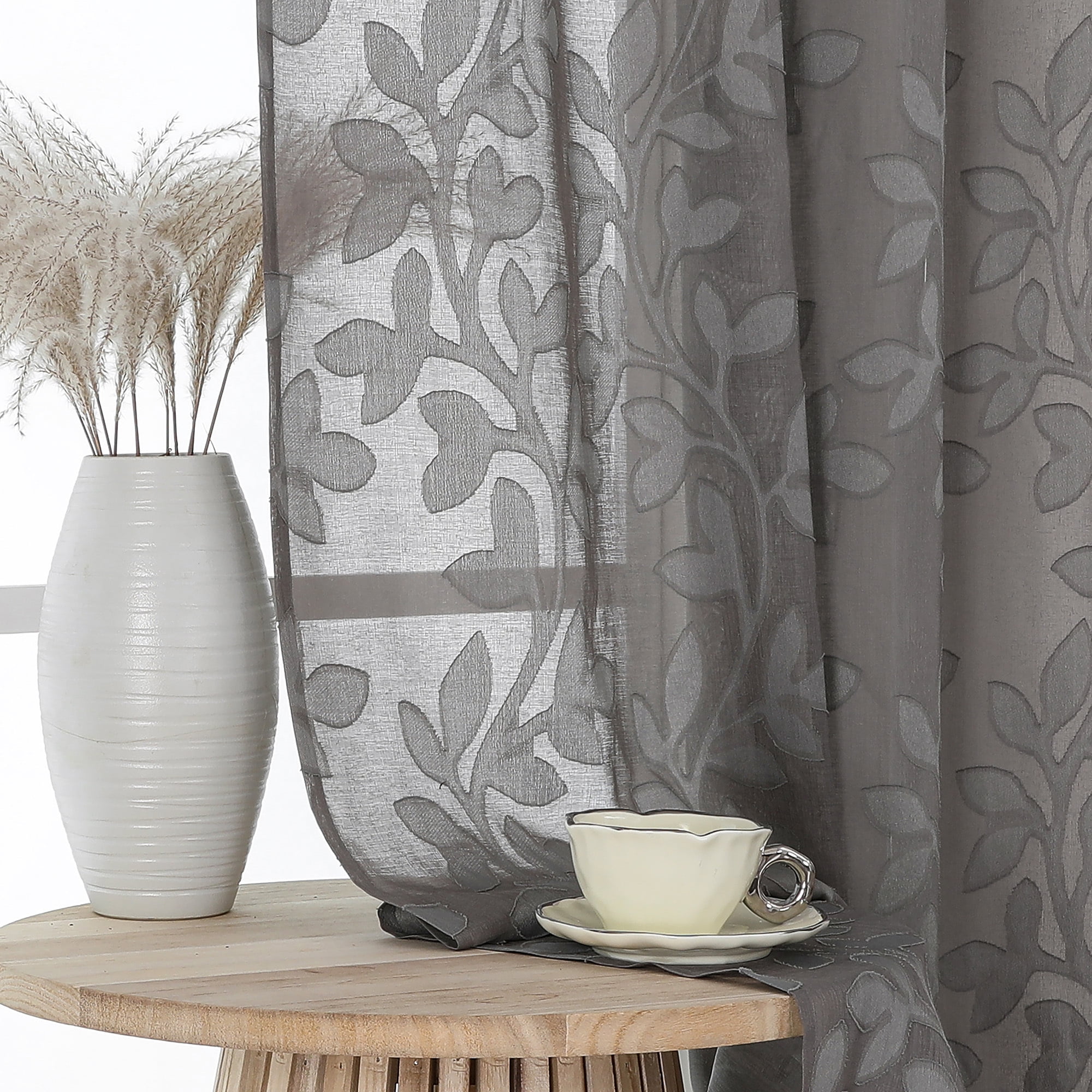 OVZME Darla 63 Inches length Sheer Curtain Set of 2, Soft Light Filtering Leaf Jacquard Farmhouse Window Curtains & Drapes for Living Room Bedroom with Rod Pocket, Each 42Wx63L Inch Charcoal Grey