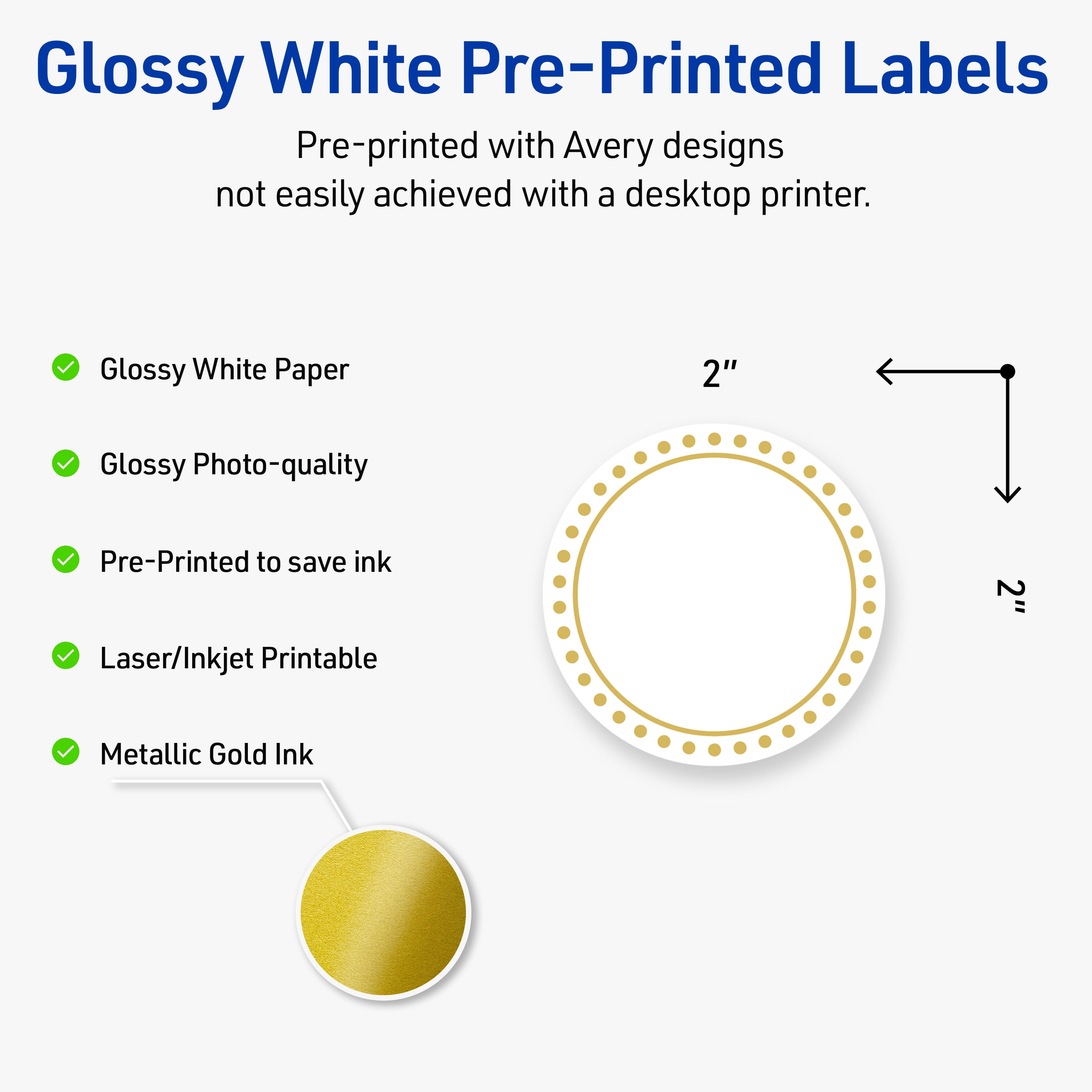 Avery Labels, 2" Diameter, Glossy White, Gold Border w/ Gold Dots, 120ct