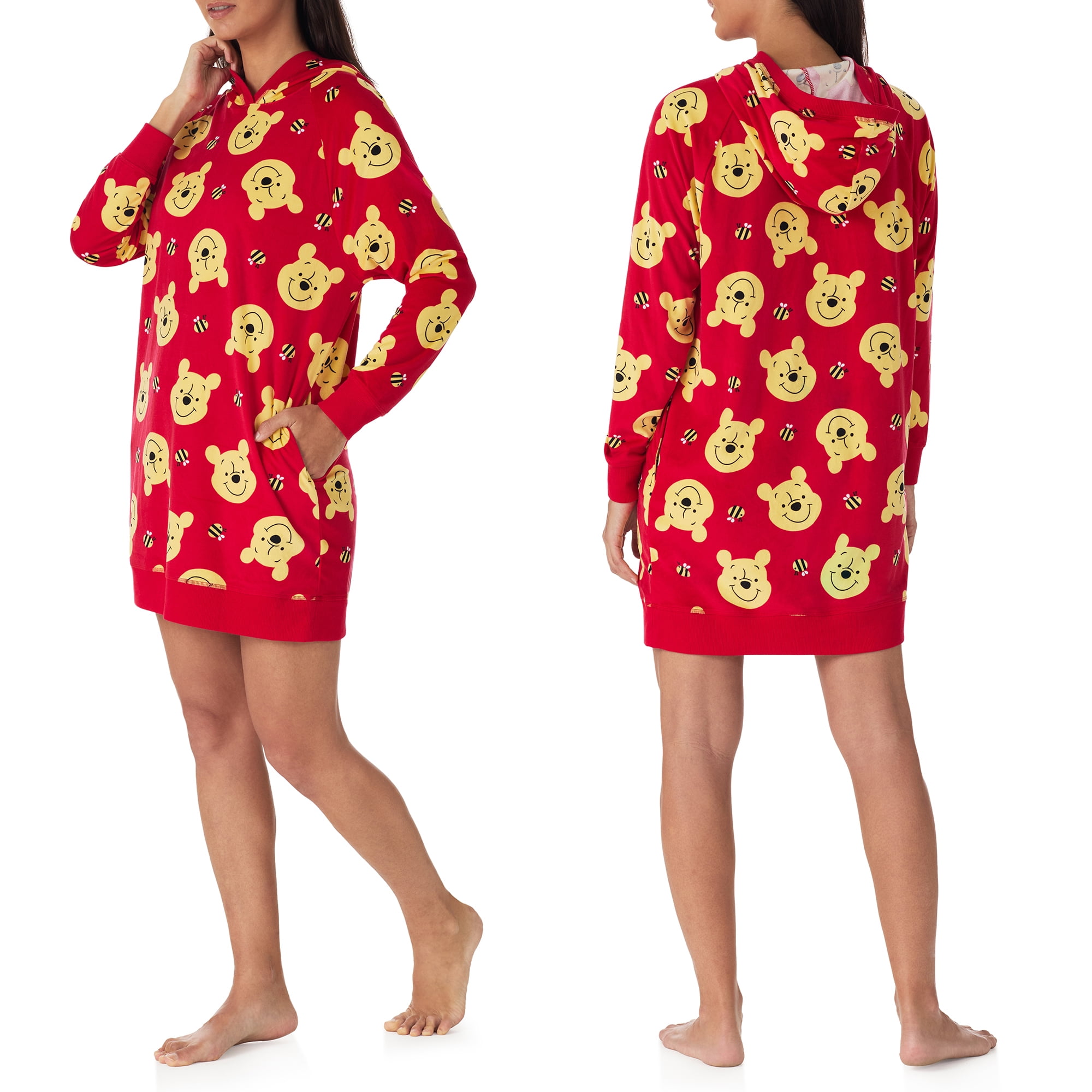 Richard Leeds International Womens Winnie the Pooh Hooded Pajama Lounger Sleep & Lounge Dress - Super Soft Plushy Cozy & Warm Hoodie Loungewear Pajamas Dresses for Women, Red X-Large