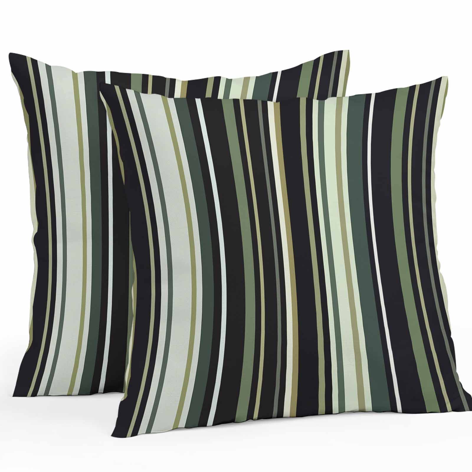 Black Green Outdoor Pillow Covers Set of 2 Stripe Waterproof Throw Pillow Case Decorative Square Cushion Cover for Patio Couch Garden Balcony, 18"x18"
