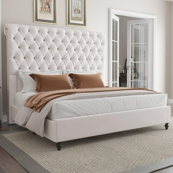 VanAcc Queen Size Bed Frame, 60" Tall Sleigh Headboard Bed with Velvet Upholstered Platform, Cream