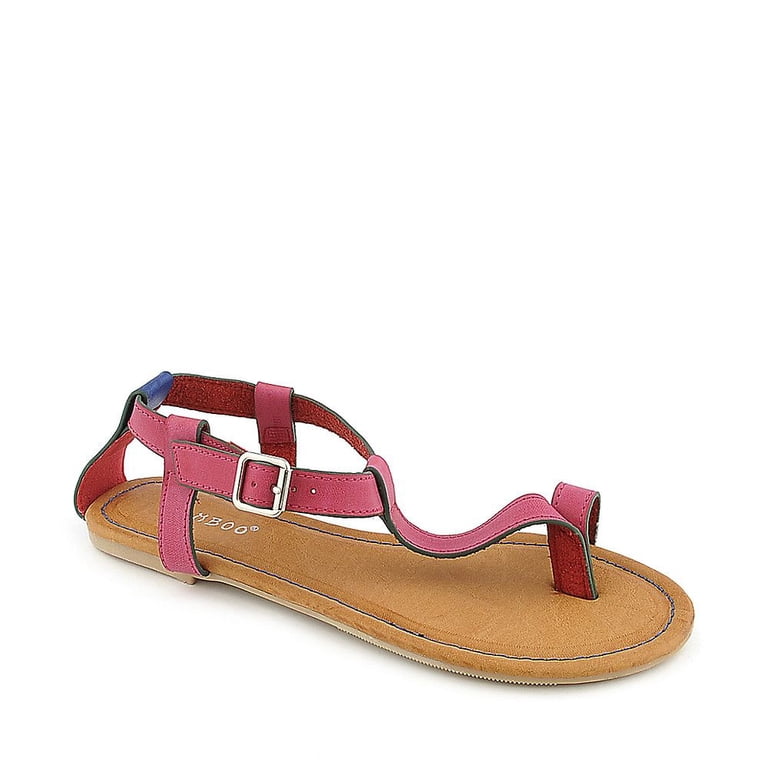 Fuschia Blue T-Strap Toe Ring Flat Women's Sandals