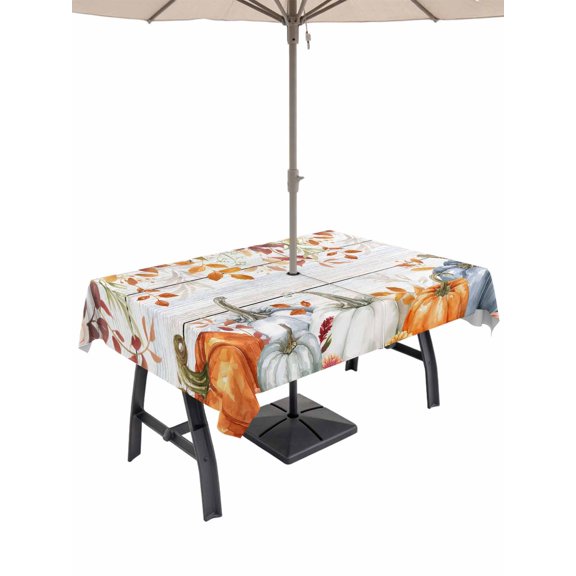 Outdoor Tablecloth with Umbrella Hole and Zipper, Fall Orange Blue Rectangle Table Cloth 60x102 Inch Waterproof Tablecloth, Autumn Thanksgiving Floral Botanical Retro Picnic Table Cover for Patio