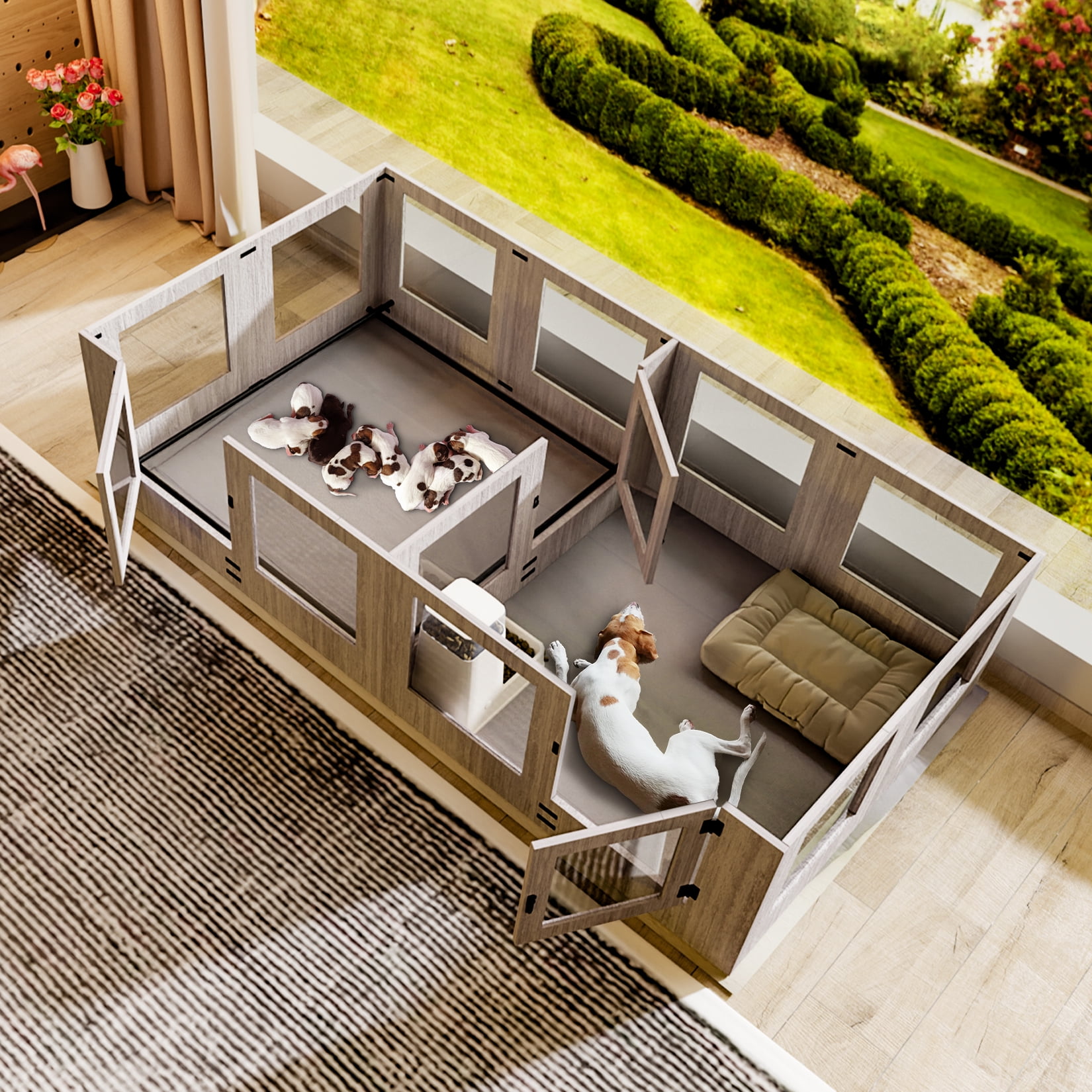BingoPaw Extra Large Dog Wooden Whelping Box Playpen Giving Birth Kennel with Waterproof Fertility Pad, Clear Two Fence Rooms