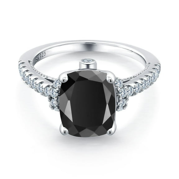 Gem Stone King 3.14 Cttw Black Onyx and White Created Sapphire Engagement Ring for Women | 925 Sterling Silver | 10X8MM Cushion Cut | Gemstone Birthstone | Wedding Anniversary Promise Ring| Size 9