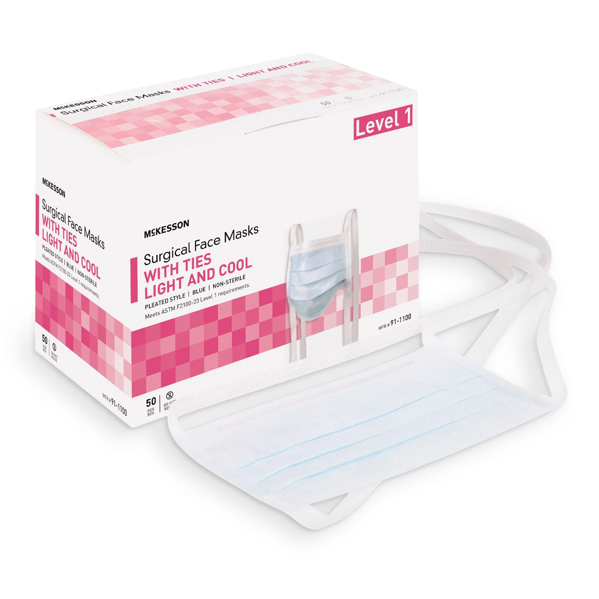 McKesson Cool Surgical Mask, Tie Closure, Blue, Non-Sterile, ASTM Level 1, 50 Count, 6 Packs, 300 Total