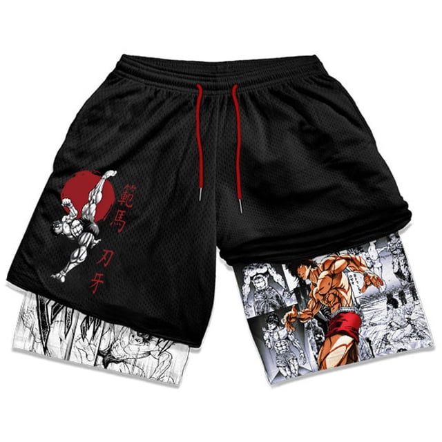 Baki Hanma-pantalones cortos de gimnasio para hombre, ropa deportiva de secado rápido, con estampado 3D de Manga, 2 en 1