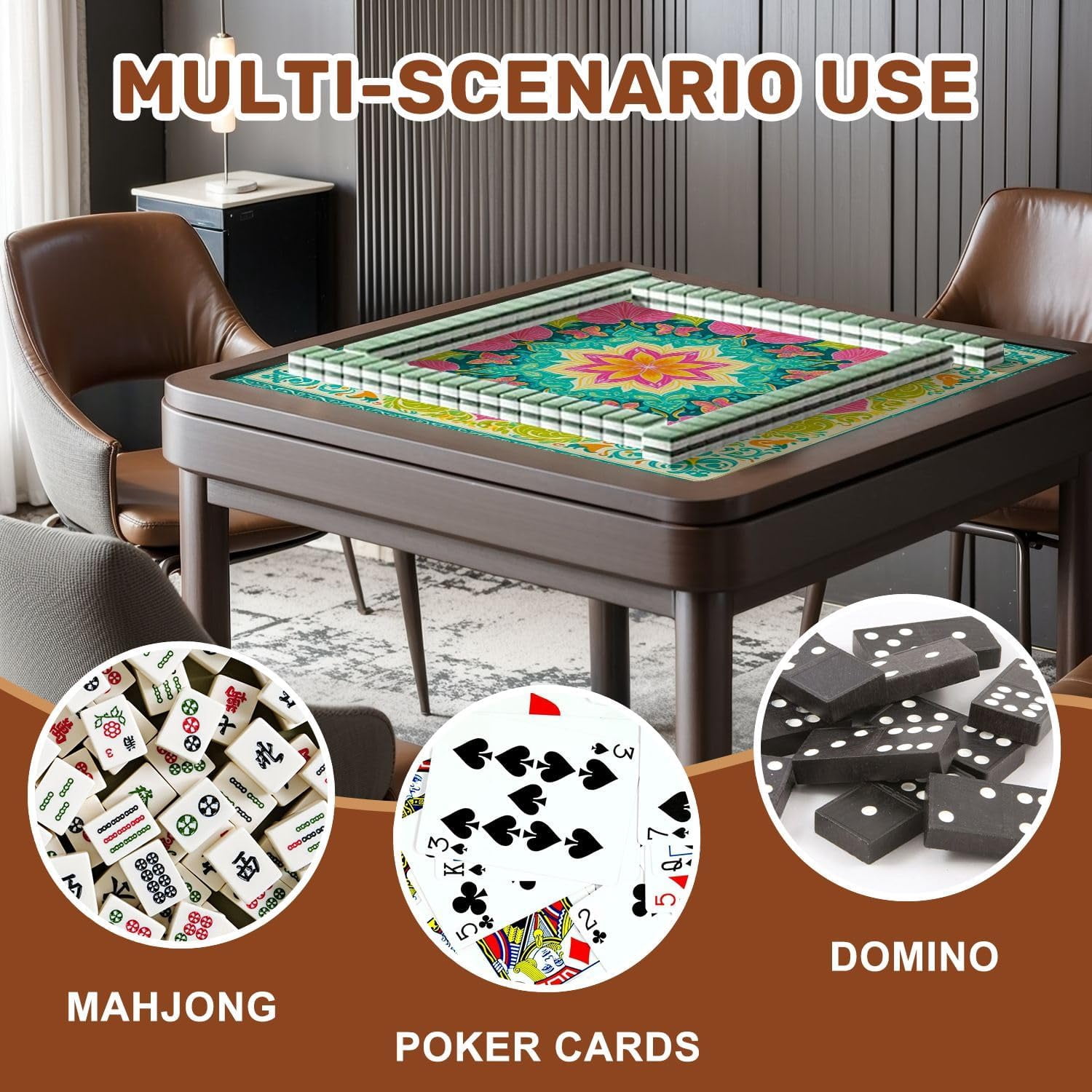 Mahjong Mat with Carrying Bag 31.5" x 31.5" Non-Slip Noise Reduction Floral Mandala Vibrant Pink Green Petals Teal Table Mat for Mahjong Poker Dominoes Card Board Tile Games