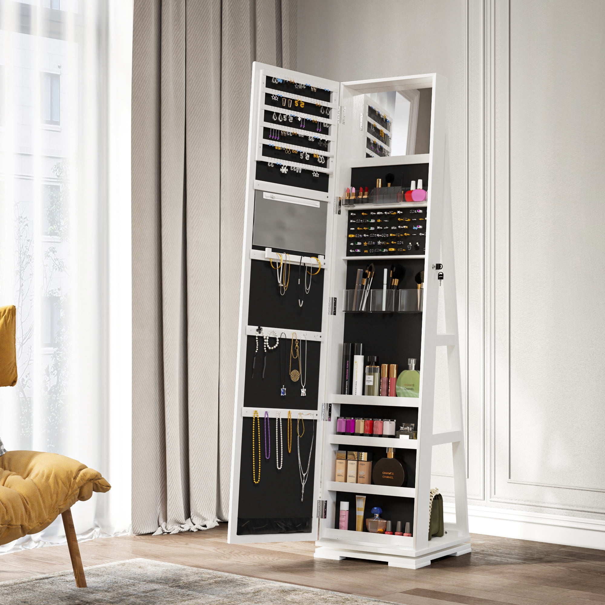 Uforic 360 Spinning Lockable Jewelry Armoire with Free-Standing Mirror, White