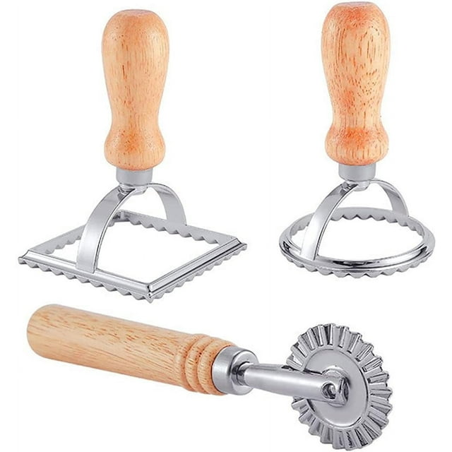 Juego de 3 cortadores de ravioles con rueda de rodillo, cortador de galletas, molde para hacer pasta con mango de madera, prensa de pasta, accesorio de cocina