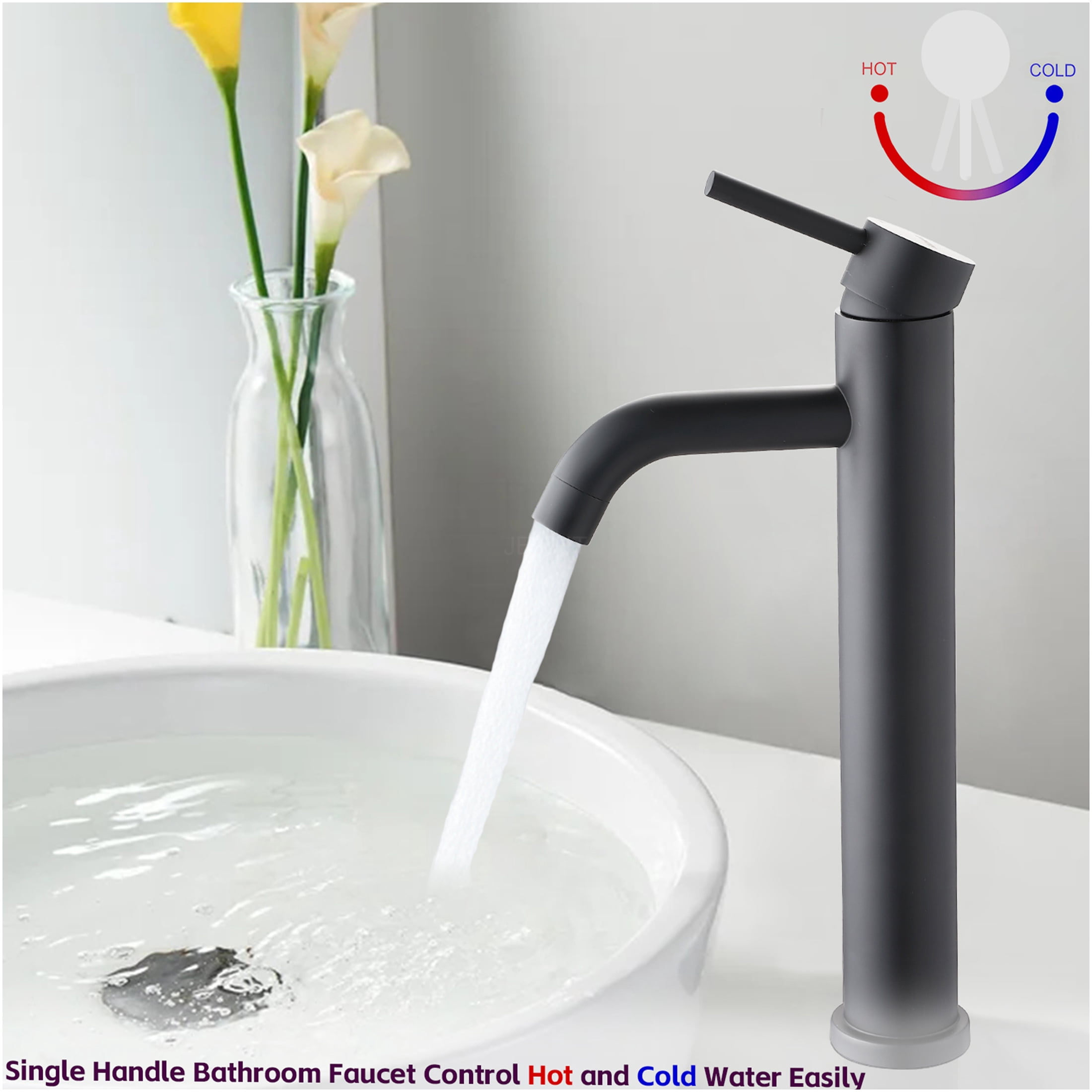 JERFIT Matte Black Tall Single Handle Vessel Bathroom Sink Faucet, High Arc Modern 1 Hole Deck Mount Lavatory Faucet with Brass Valve