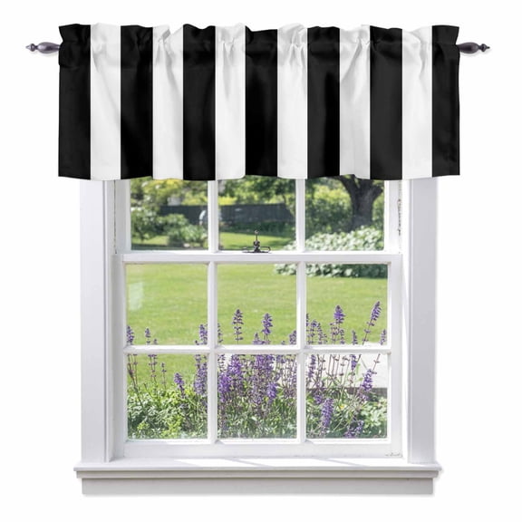 Geometric Pattern Valance Curtains, Black Line Stripe Simple Style Rod Pocket Short Window Curtain for Kitchen Bathroom Bedroom, 42"x18"