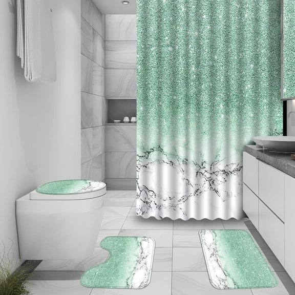 juwute Bathroom Set,4 Pcs Green Marble Shower Curtain Sets，Bathroom Sets with Shower Curtain and Rugs,Shiny Toilet Lid Cover Bath Mat and Flash Contour Mat Sets,Bathroom Decor with 12 Hook,72"x72"