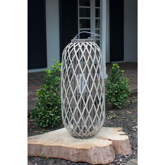 TALL GREY WILLOW LANTERN WITH GLASS - EXTRA LARGE