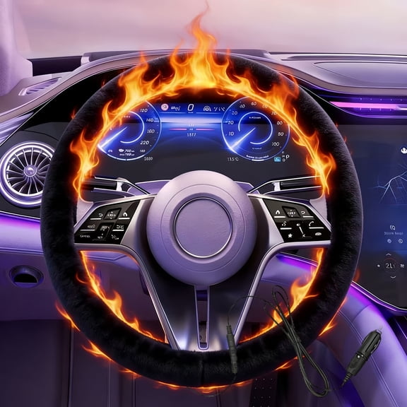 Heated Steering Wheel Cover – 12V Fast Heating PU Leather Car Wheel Warmer,Universal Fit 14.5"–15.5" for Car,SUV,Truck（Black）
