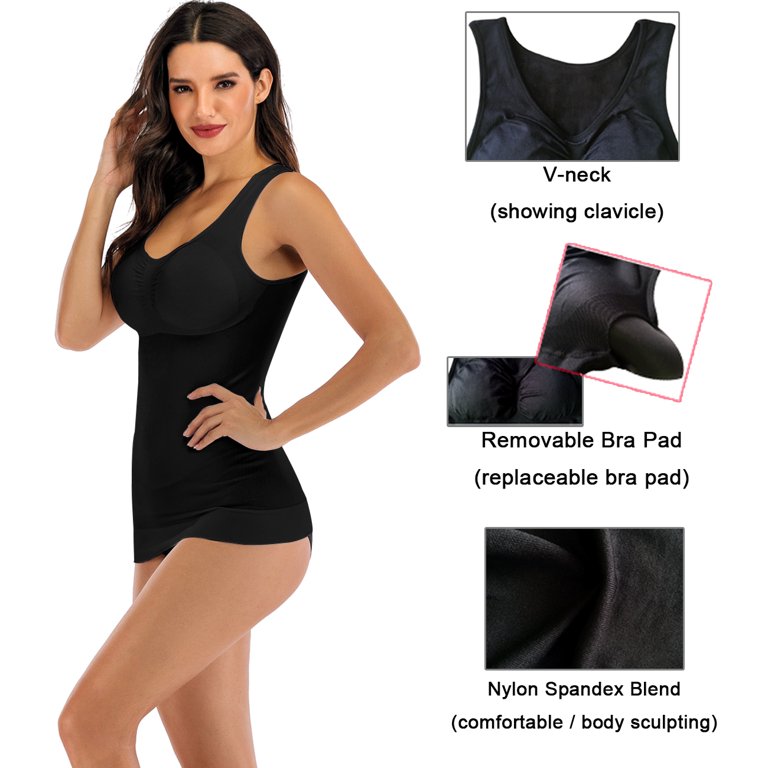 Women's Shapewear Cami with Built-in Bra Tummy Firm Control Camisole Tank  Top Underskirts Shapewear Body Shaper (Black, Small) 