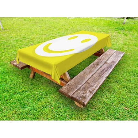 

Yellow Outdoor Tablecloth Rise Wake Uo Positive Optimistic Life Message Big Smiley Happy Face Artwork Decorative Washable Fabric Picnic Tablecloth 58 X 120 Inches Yellow and White by Ambesonne