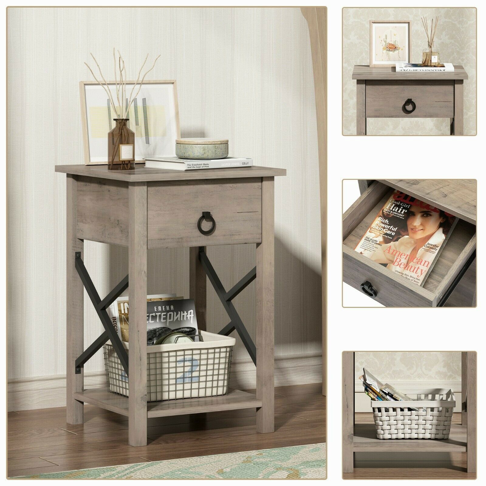 Private Jungle Single Farmhouse Nightstand Wood End Table Bed Sofa Side Table w/Drawer Bedroom Decor,Rustic Gray + Black