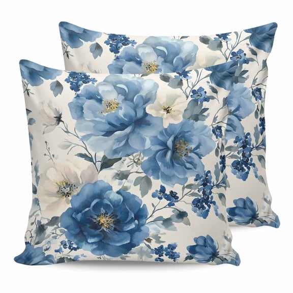 18x18 Pillow Covers Set of 2, Blue Flower Throw Pillow Covers Decorative Couch Cushion Case, White Floral Watercolor Botanicals Blossom Microfiber Square Pillowcases for Bedroom Car Living Room