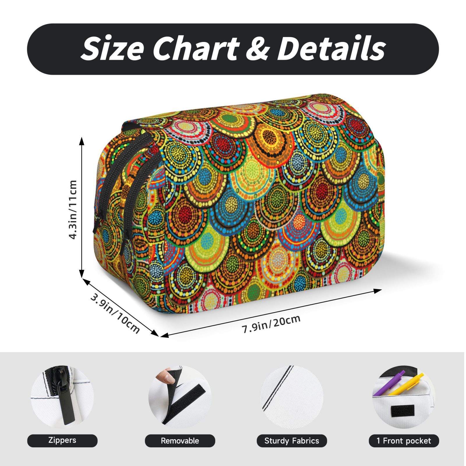 Rateoe Colorful Circle Pattern Double Clamshell Pen Case, Storage Organizer with Two Zipper Compartments– Holds Up to 50 Pencils & Pens