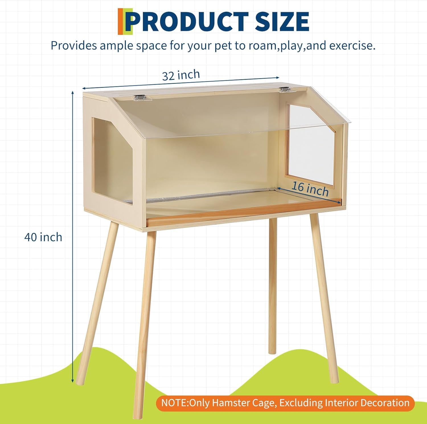 QinaQin Small Wood Hamster Cage with Legs,Openable Top & Acrylic Viewing Window,Chew Proof Rodent Habitat,Wood