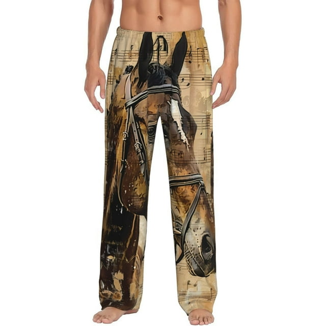 Fotbe Musical Horse Vintage Collage Pantalones de Pijama para Hombre, Pantalones de Dormir, Pantalones de Casa con Cintura Ajustable y Bolsillos-Medium