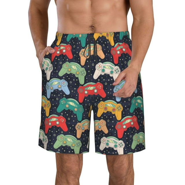 Sikiie Retro Video Game Print Men's Beach Shorts, High Elastic Quick-drying Shorts - with Drawstring and Slip Pockets, Suitable for Beach, Sports, Vacation-Medium