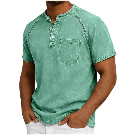 ZCFZJW Distressed Henley Shirts for Men Vintage Classic Fit Short Sleeve 1/4 Button V Neck Washed Denim T-Shirts Retro Acid Wash Solid Tee Top with Pocket