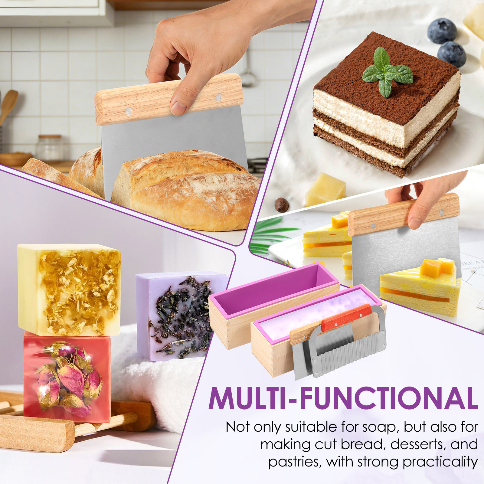 NUAHRHY 2 Pcs Soap Mold Making Kit with Cutters, 40.58oz Rectangular Silicone Loaf Soap Mold with Wooden Box, Stainless Steel Wavy & Straight Scraper for Homemade Craft Soap Making Supplies