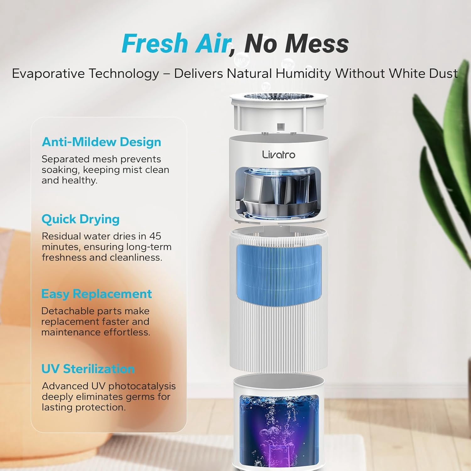 Livatro 8L Evaporative Humidifier, Whole‑House, Top Fill, Auto‑Dry Filter, Invisible Mist for Bedroom/Baby