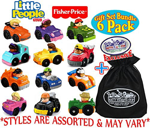 Fisher-Price Little People Wheelies Vehicles Gift Set Blind Bundle with Exclusive Mattys Toy Stop Storage Bag 6 Pack Assorted Styles 
