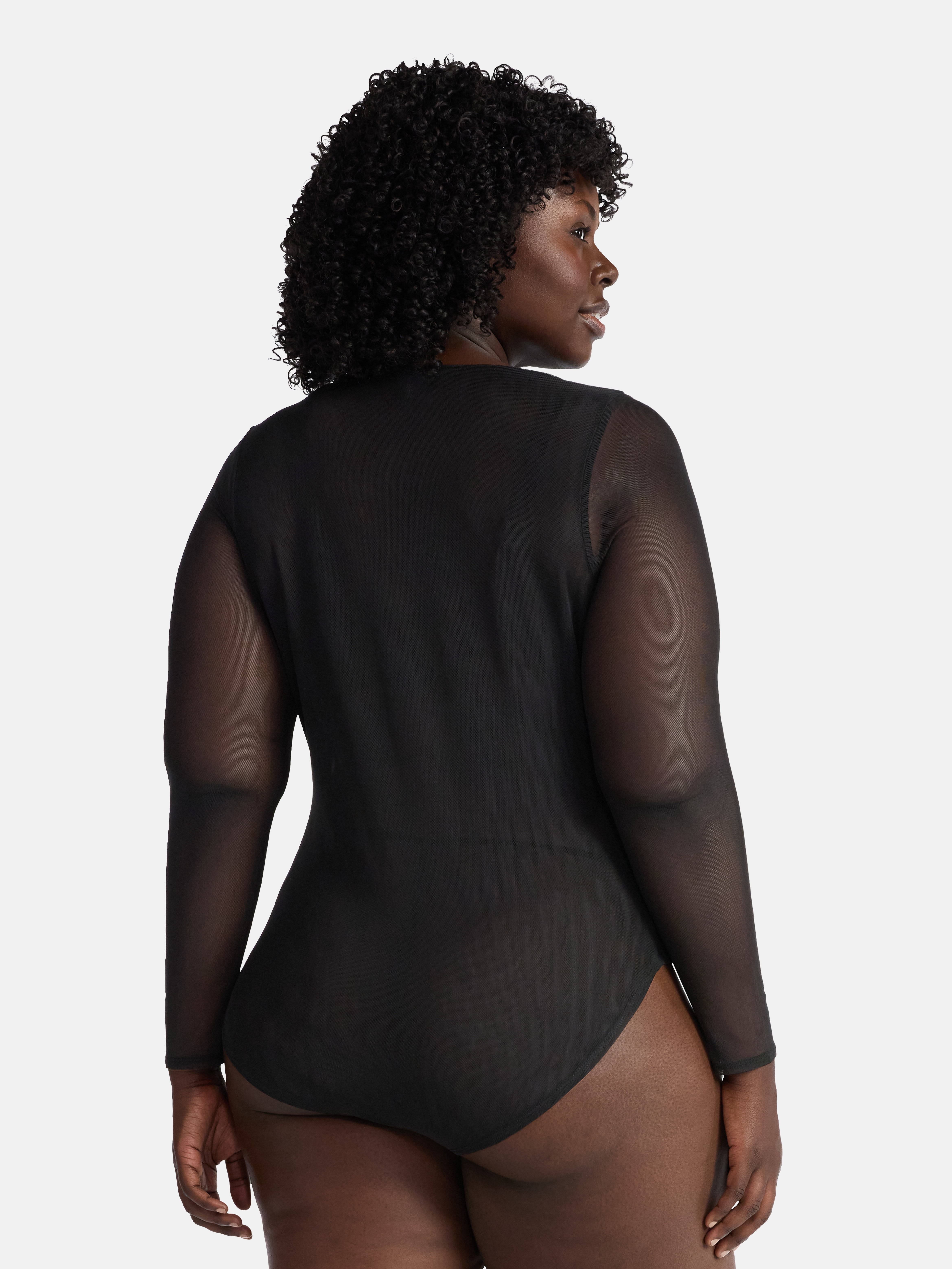 Terra & Sky Women's Plus V Neck Mesh Bodysuit with Long Sleeves, Sizes 0X-5X