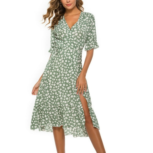 TIMIFIS Robes pour Femmes Été Décontracté Col en V Imprimé Floral Taille Froncée Ligne A Robe de Cocktail Fête - Été