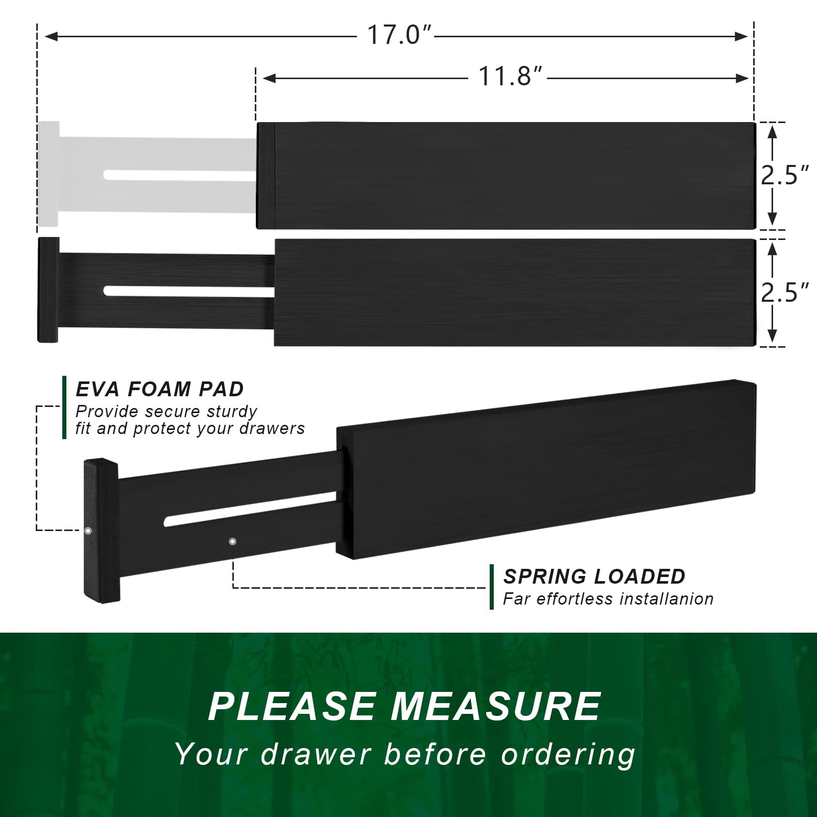 4 Pack Bamboo Drawer Dividers, Adjustable Length from 12 Inch to 17 Inch, Expandable Kitchen Drawer Organizer, Drawer Organization Separators for Clothes, Kitchen, Bedroom, Dresser, Office (Black)