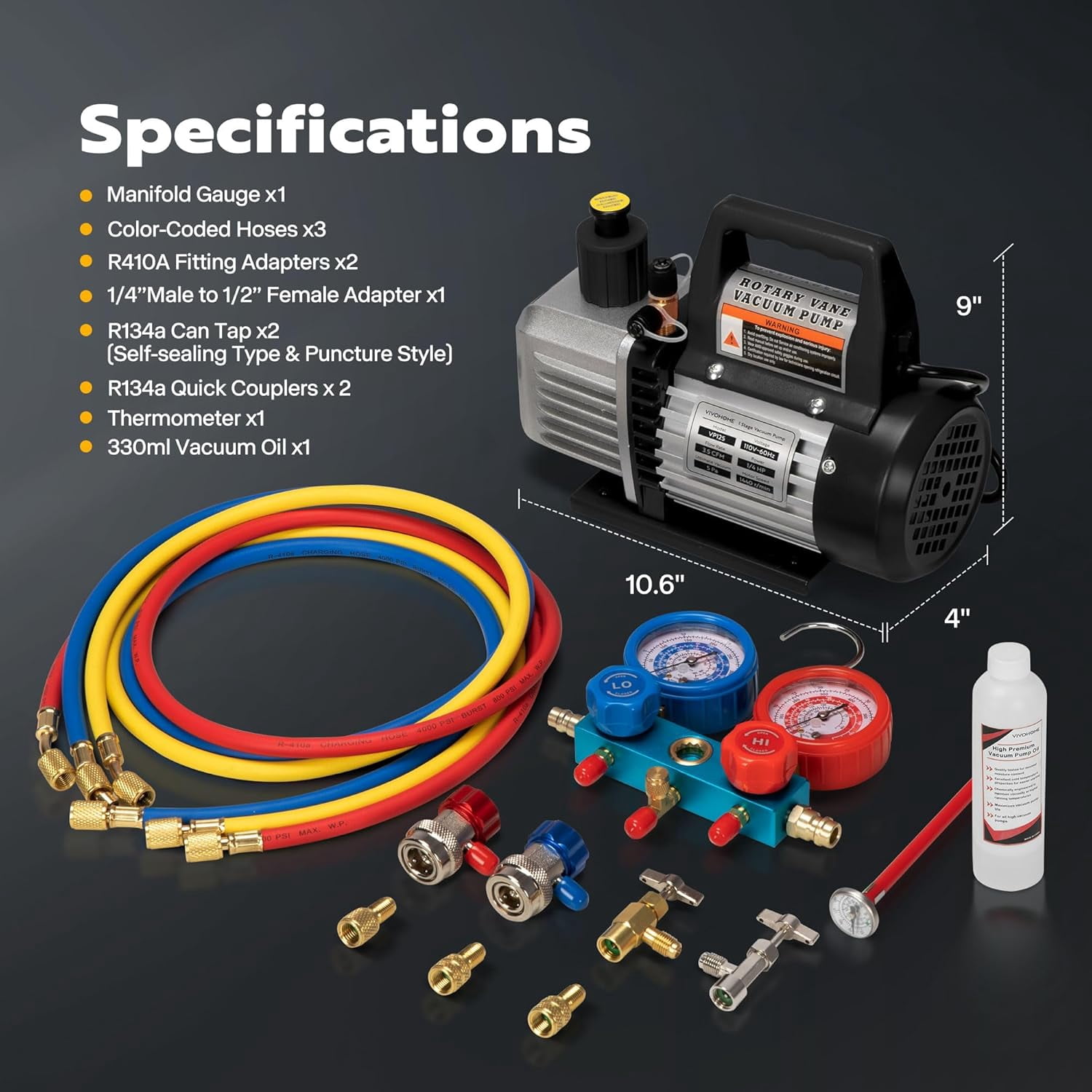 SPECSTAR 110V 1/4 HP 3.5CFM Single Stage Rotary Vane Air Vacuum Pump and AC Manifold Gauge Set Kit with Thermometer for R134a R12 R22 R502 R410a HVAC Air Conditioning Refrigeration Recharging, Black