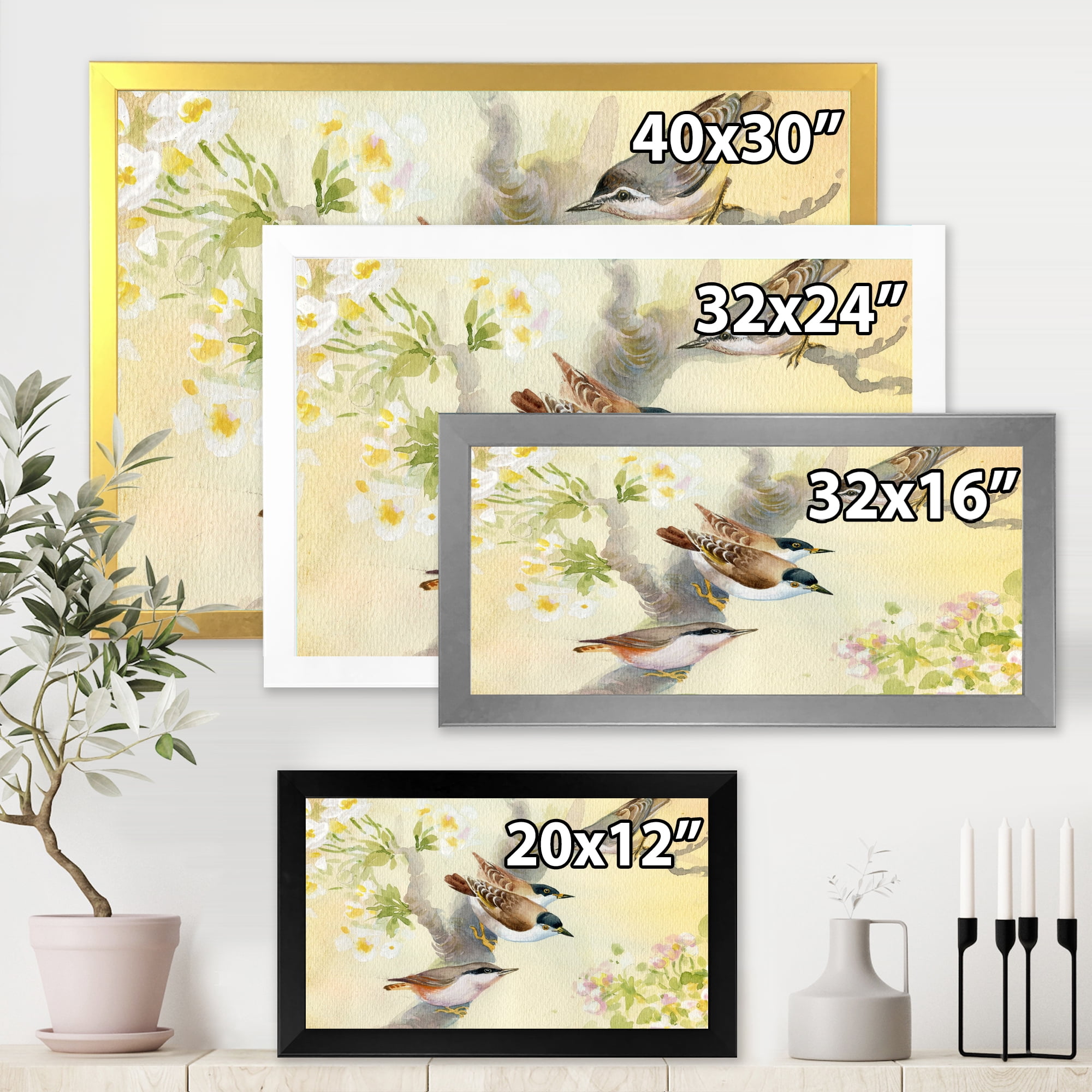Designart 'Birds Sitting On A Blossoming Apple Tree' Traditional Framed Art Print