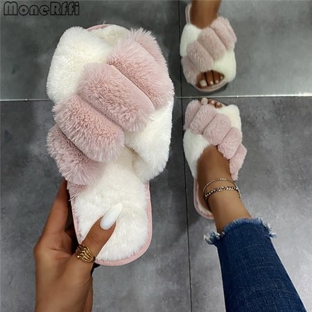 

QWZNDZG Winter Slippers Women Fashion Cross Fluffy Fur Slipper Home Slides Platform Flat Indoor Floor Flip Flops Women Ladies Shoes 2022
