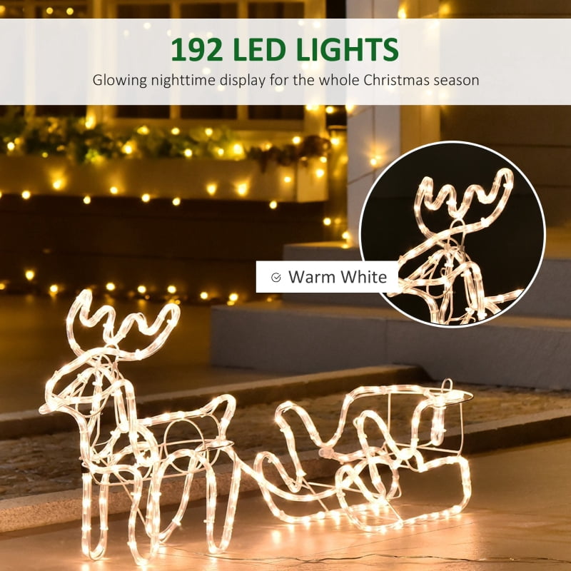 Alvantor Christmas Reindeer & Santa Sleigh with LED Lights, Steel Frame Yard Decoration 17.75"x9.5"x17.75" White