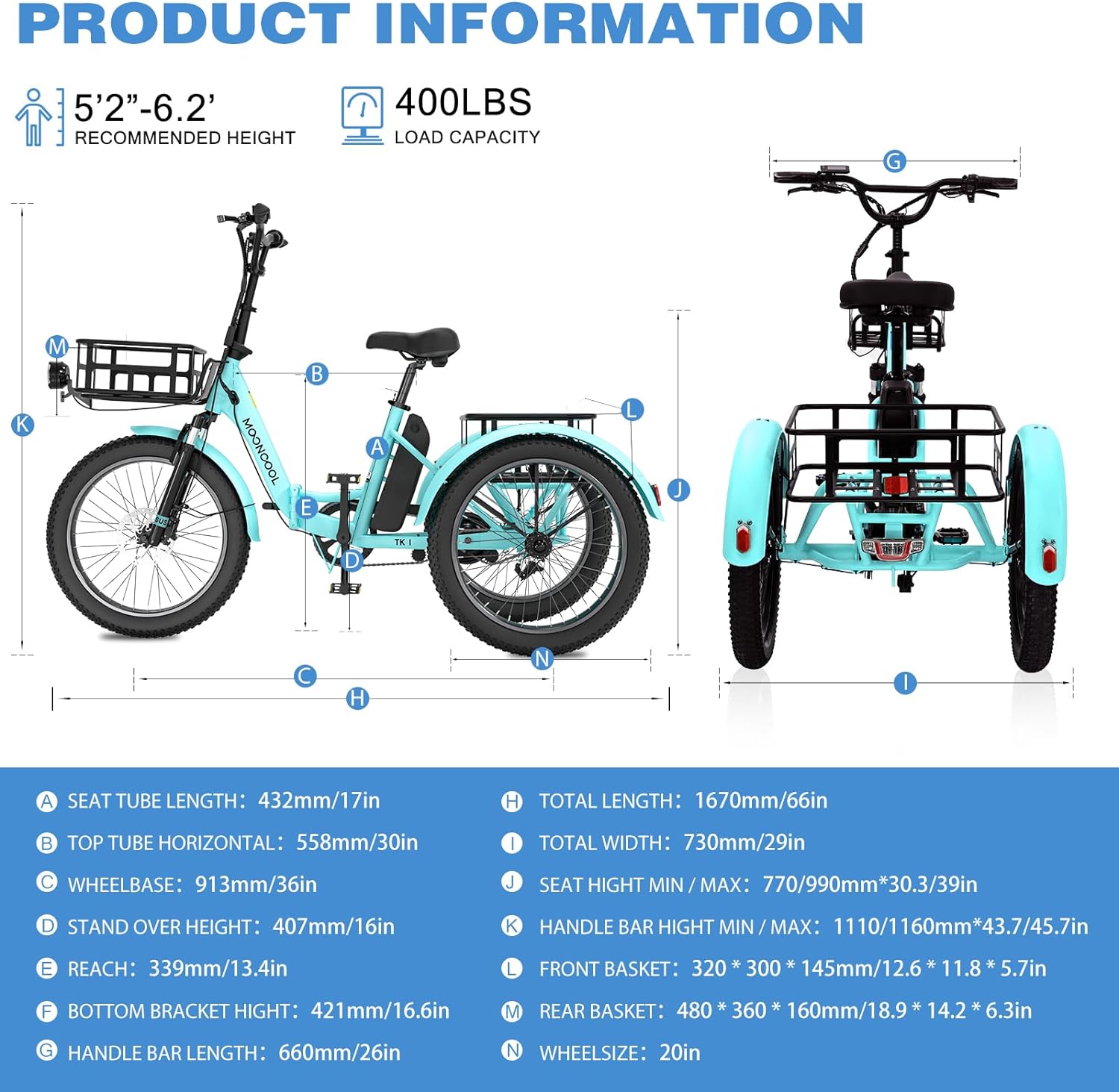 Mooncool 20" x 4" Fat Tire Electric Tricycle for Adults, Electric Trike with Front & Rear Basket, Peak 1100w Motor 48V Removable Battery, 3 Wheel Electric Bicycle for Men Women Senior