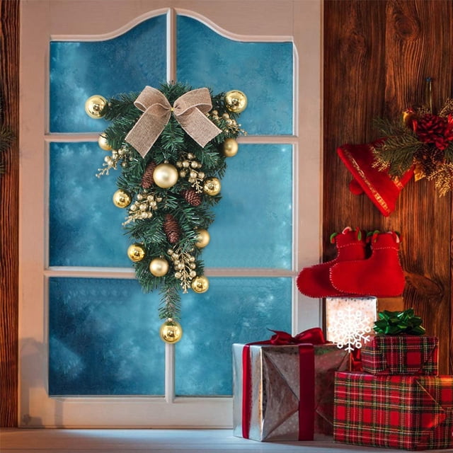 Puntoco Guirnalda de ratán con forma de árbol invertido de 50 cm para colgar en la pared, puertas y ventanas, para exteriores, patios y decoraciones navideñas