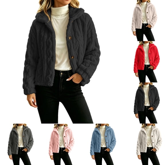Sevevn Women's Fuzzy Fleece Cropped Jacket Stand Collar Button Down Long Sleeve Warm Sherpa Short Coat Black L