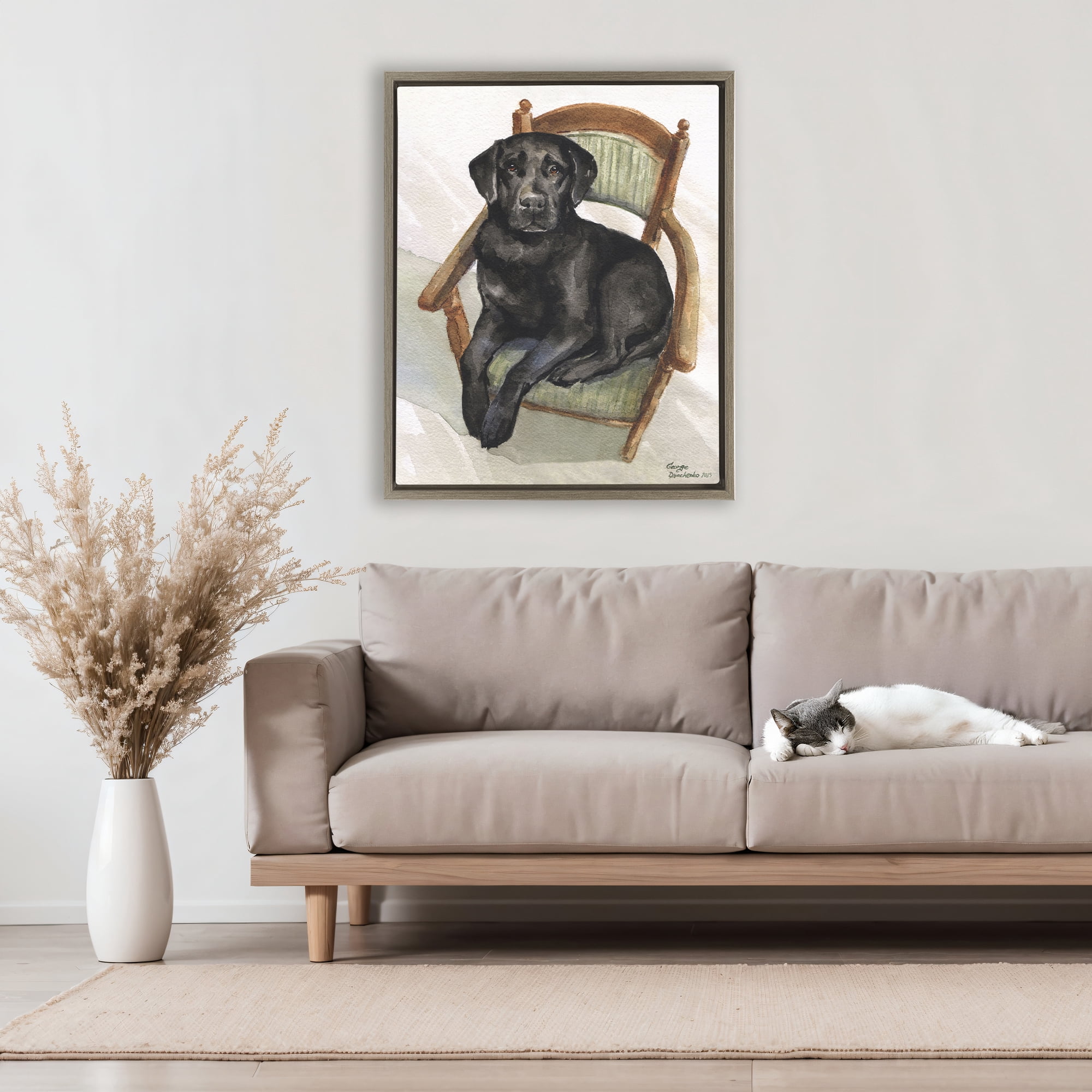 Stupell Industries Black Labrador On Chair Brown Framed Floater Canvas Wall Art, design by George Dyachenko