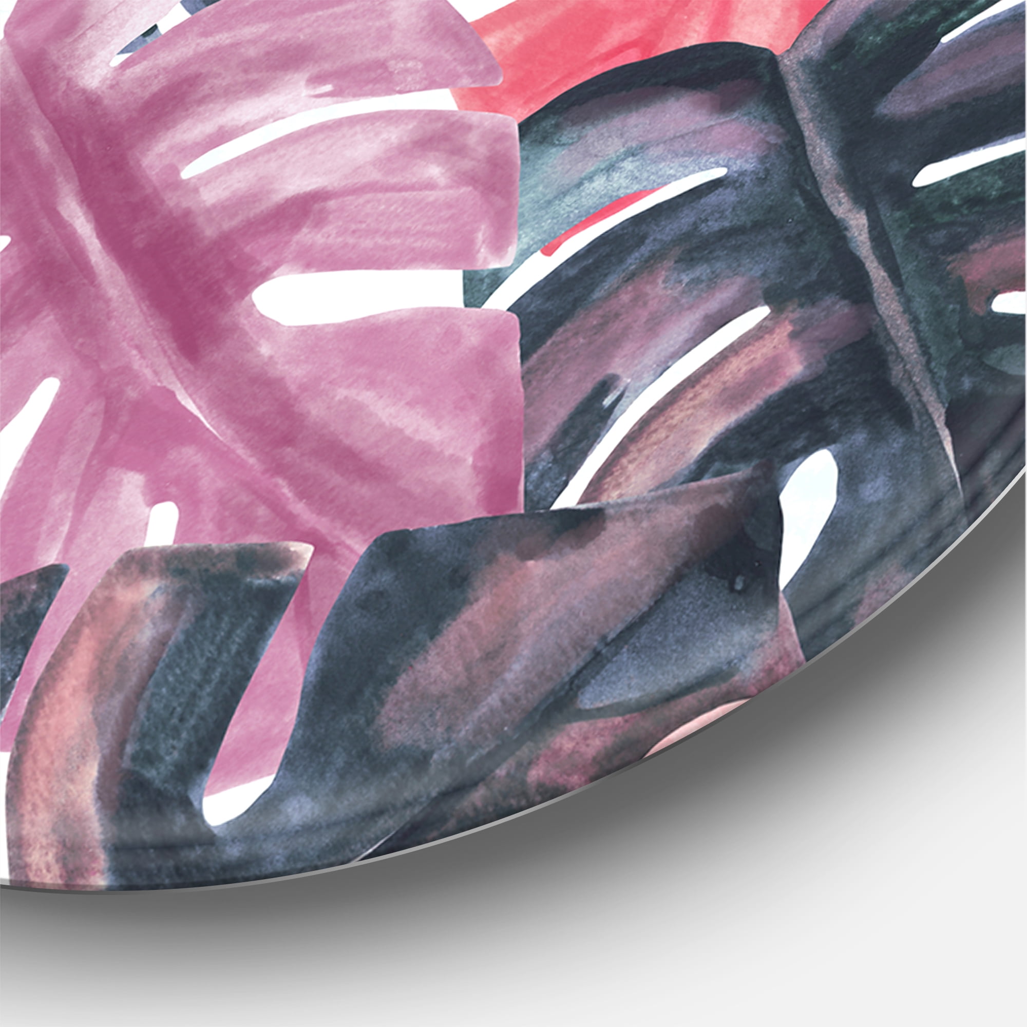 Designart 'Black and Red Monstera On Rough Brush Strokes II' Tropical Circle Metal Wall Art 23x23 - Disc of 23