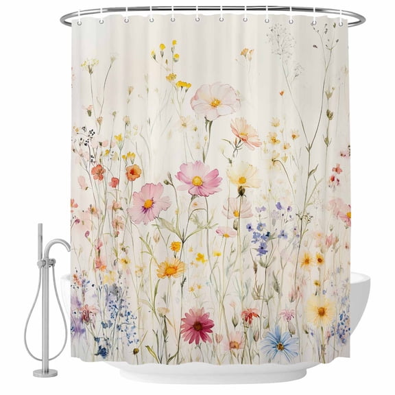 Shower Curtain Bathroom Set Vintage Watercolor Garden Flower Waterproof Fabric Shower Curtains with Grommets&Hooks, Country Blossom Floral Flax Privacy Bath Curtain for Bathtub 36x72in