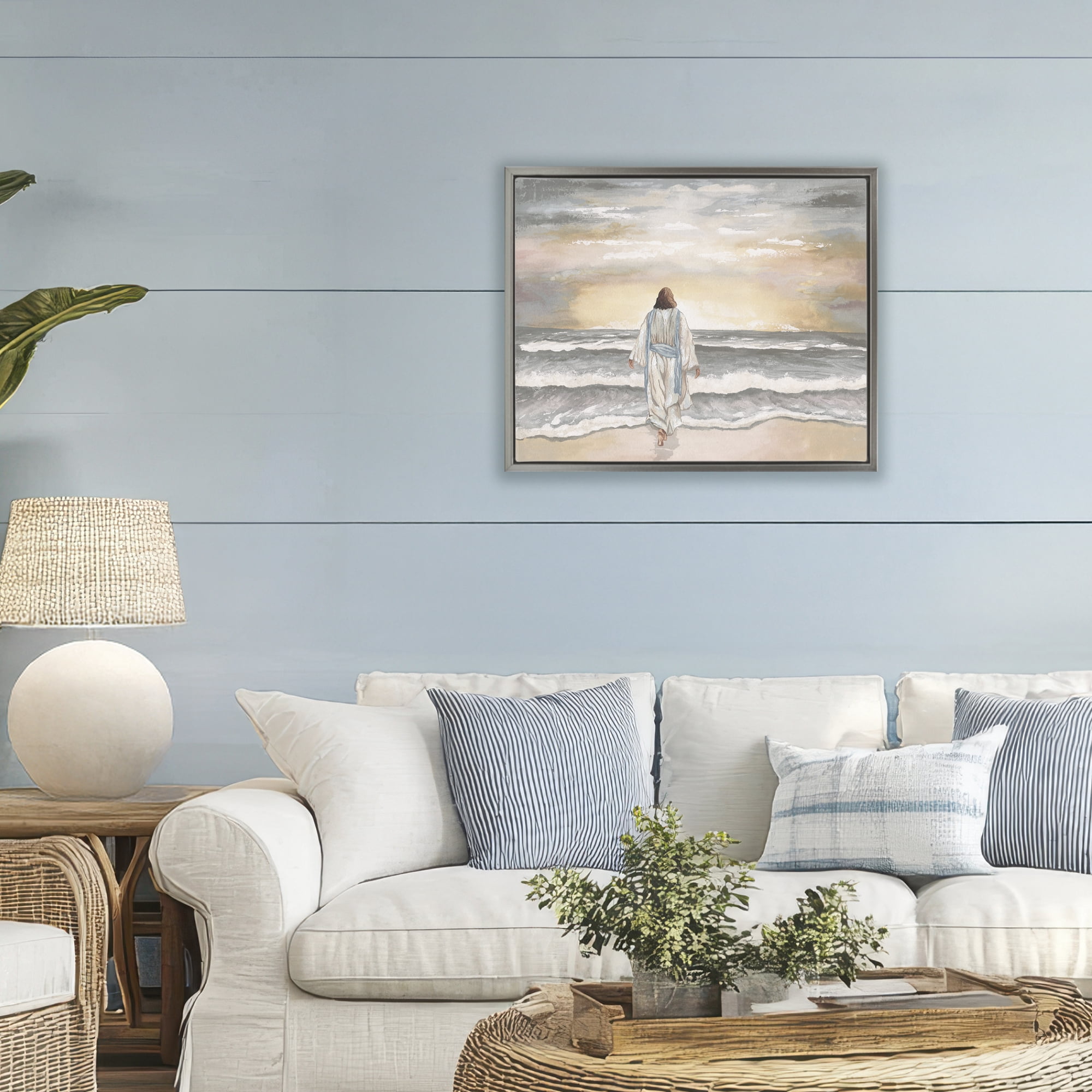 Stupell Industries Jesus Walks The Shore Gray Framed Floater Canvas Wall Art, design by Elizabeth Medley