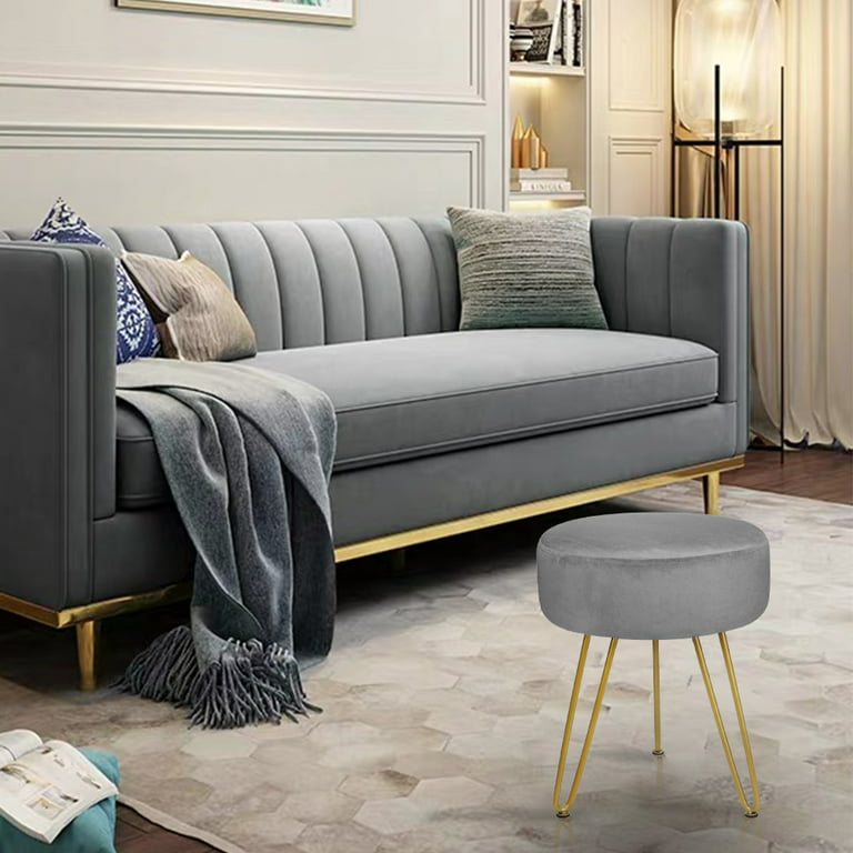 Dropship Round Velvet Footrest Stool Ottoman, Upholstered Vanity Chair  Pouffe With Storage Function Seat/Tray Top Coffee Table Seat Dressing Chair  With Golden Metal Leg Grey RT to Sell Online at a Lower