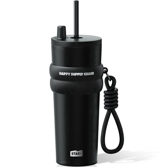 Sidagar 24 oz Black Double-Walled Leak-Resistant Lid with Straw Stainless Steel Tumbler